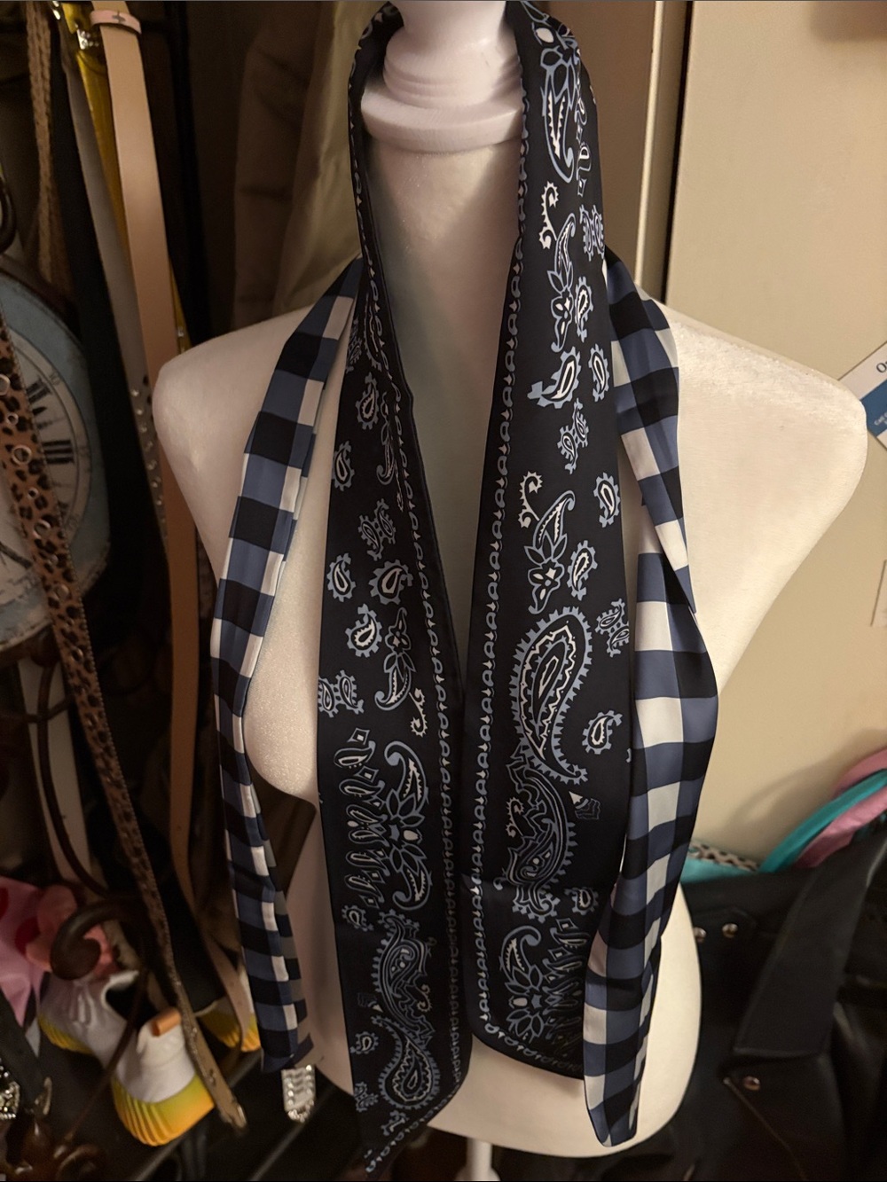 Navy Paisley and Check Scarf